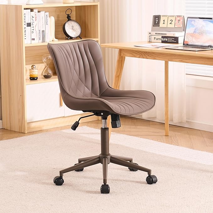 YOUTASTE All Brown Office Chair, Modern Armless Desk Chair with Back, Adjustable Swivel Rolling Faux Leather Task Chair with Wheels Metal Base for Home Office, Study, or Vanity