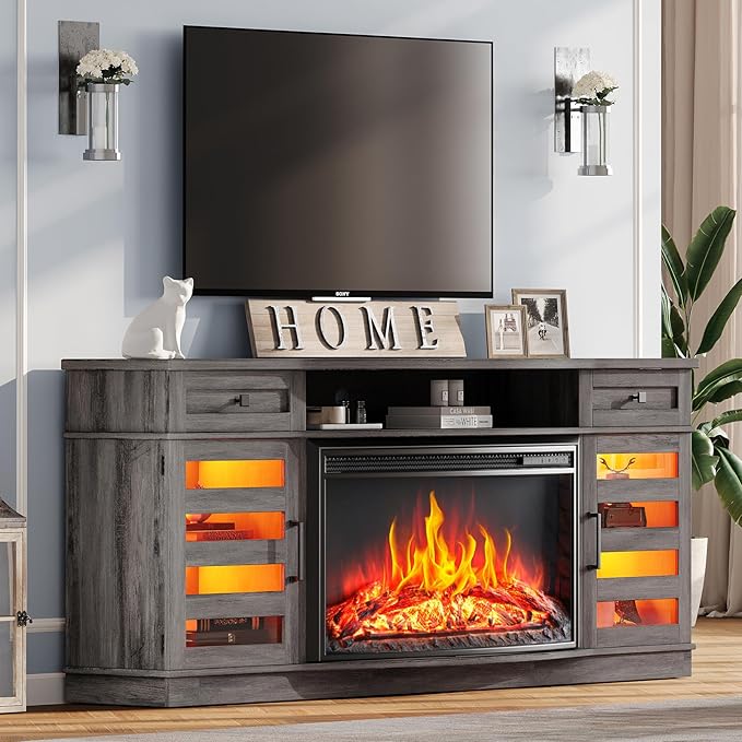 AMERLIFE 70" Farmhouse Fireplace TV Stand with 36'' Curved Electric Fireplace, LED Media Console with 2 Drawers & Adjustable Shelves, Fits 80'' TVs, Wash Gray