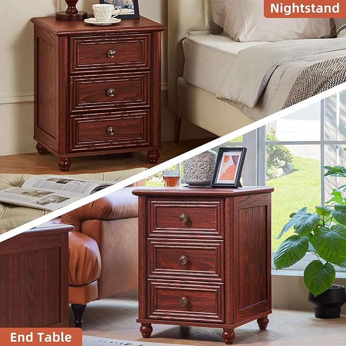 18" Farmhouse Night Stand Set 2, RedOak 3 & 3 Drawers Wood Nightstand, Bedside End Table with Storage and Roman Column, Bed Side Tables Cabinet for Bedroom, Living Room, and Closet