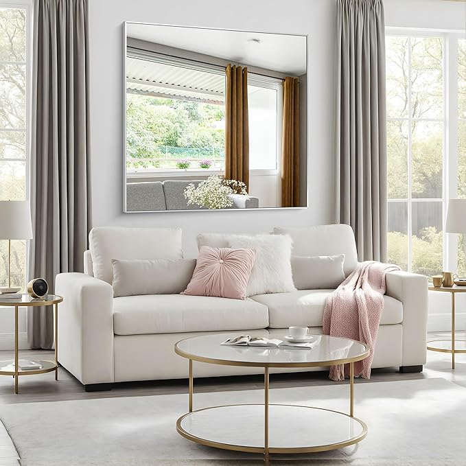 BONEWEI Silver Bathroom Mirror,48x48 inch Wall Mirror for Bathroom Wall Mounted,Large Rectangle Mirror for Bathroom Over Sink,Modern Metal Frame for Living Room,Bedroom Entryway,Horizontal/Vertical