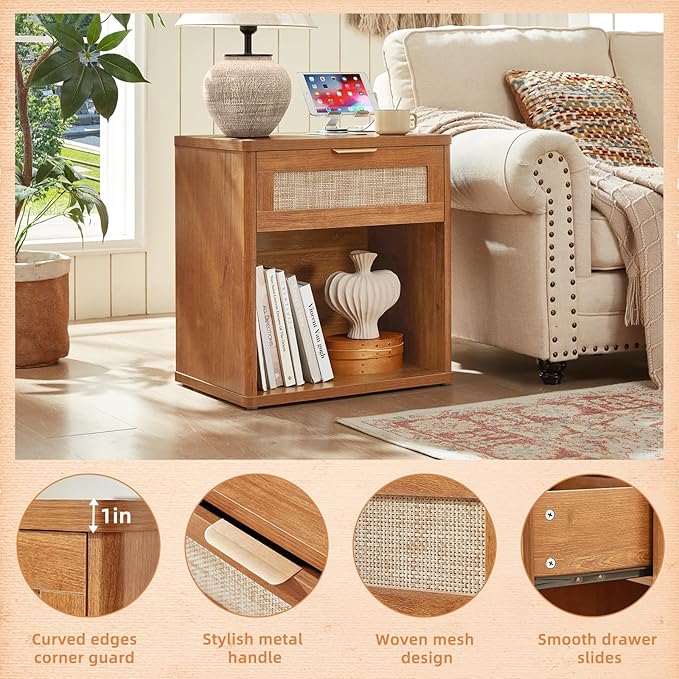 LEYAOYAO Rattan Nightstands Set of 2 with Charging Station, 23" Wide Boho Night Stand with Drawer, Natural Wood Bedside Table Open Cabinet, Bed Side End Table Dresser for Bedroom, Living Room, Hallway