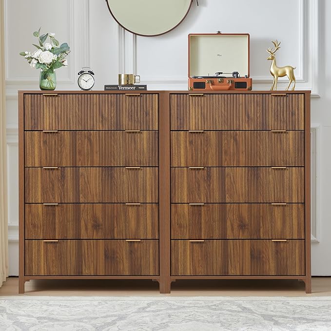 5 Drawer Dressers for Bedroom, Modern Closet Chest of Drawers with Waveform Fluted Panel, Large Wood Storage Dresser Organizer for Nursery Bedroom Living Room Hallway Closet, Walnut
