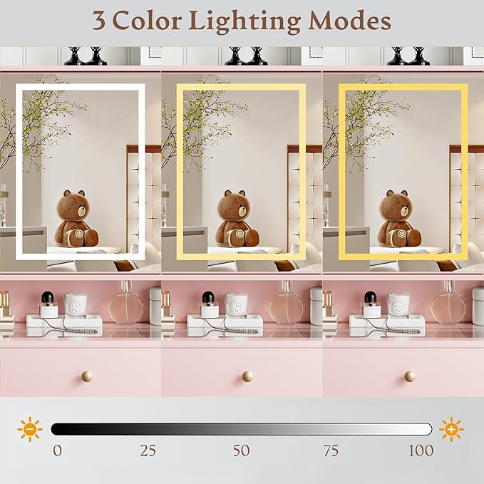 Vanity Desk with Mirror and Lights Makeup Vanity Desk with Lights 3 Colors 38" Dressing Table with Drawer and Cabinet for Bedroom Transparent Glass Top Power Outlet for Bedroom Pink