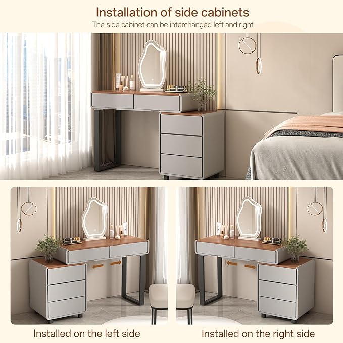 Vanity Desk with Mirror and LED Lights| Small Makeup Table with 5 Drawers and Adjustable Storage Cabinet| Modern Space-Saving Dressing Table for Bedroom(Walnut Top with Gray Base)