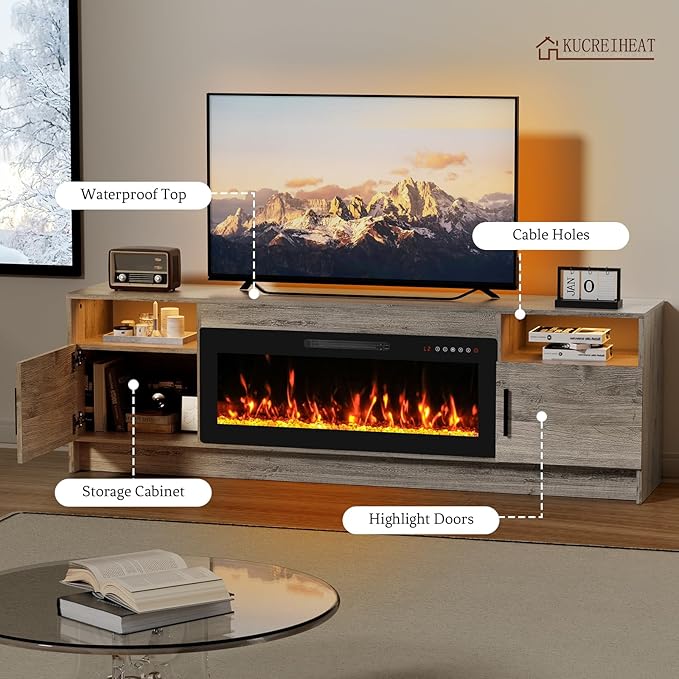 70'' TV Stand with Fireplace-Oak Grey Entertainment Center for 75+ inch TV- TV Cabinet with LED Light, Storage, High Glossy Door, Modern TV Console for Living Room