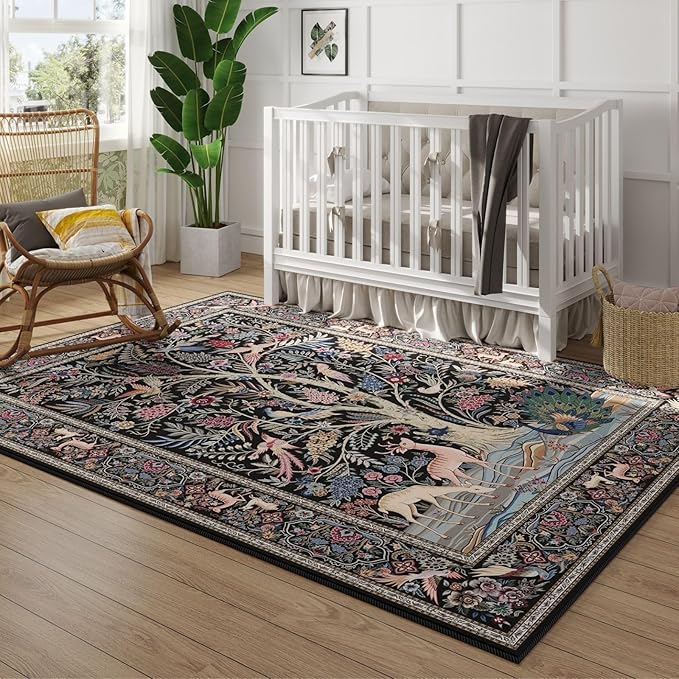 Area Rugs 5x7 Vibrant Tree of Life-Patterned Vintage Washable Area Rug Non Slip Low Pile Large Rugs for Living Room Bedroom Farmhouse Dining Room Kids Playroom, Black