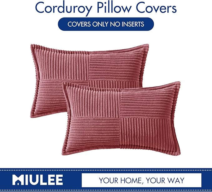 MIULEE Decorative Lumbar Throw Pillow Covers for Couch Bed Livingroom 12x20 Inch Set of 2 Cranberry Red Boho Accent Throw Pllows Broadside Striped Patchwork Soft Corduroy Pillowcases