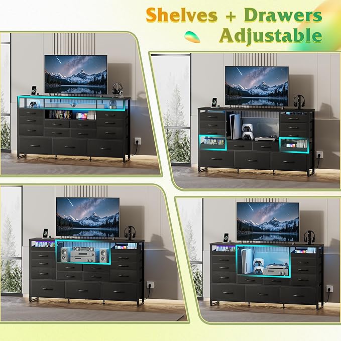 WLIVE Black TV Stand for 55, 60, 65 inch TV, Entertainment Center with LED Lights & Charging Station, TV Media Console Table with 15 Fabric Drawers and Open Shelves for Living Room, Hallway, Wood Topm