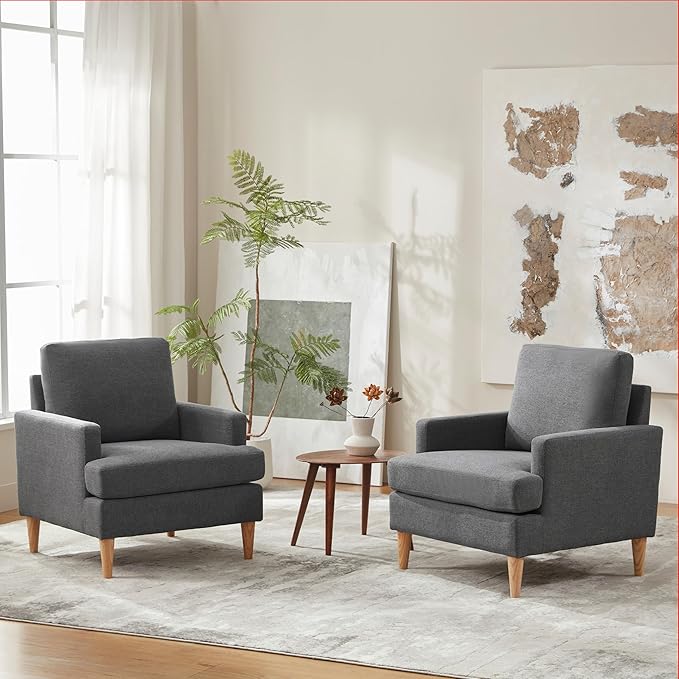 VKNOW Mid-Century Accent Chairs Set fo 2, Modern Upholstered Chenille Armchair for Living Room,Comfy Reading Accent Chairs with Wood Legs for Bedroom, Dark Grey Polyester