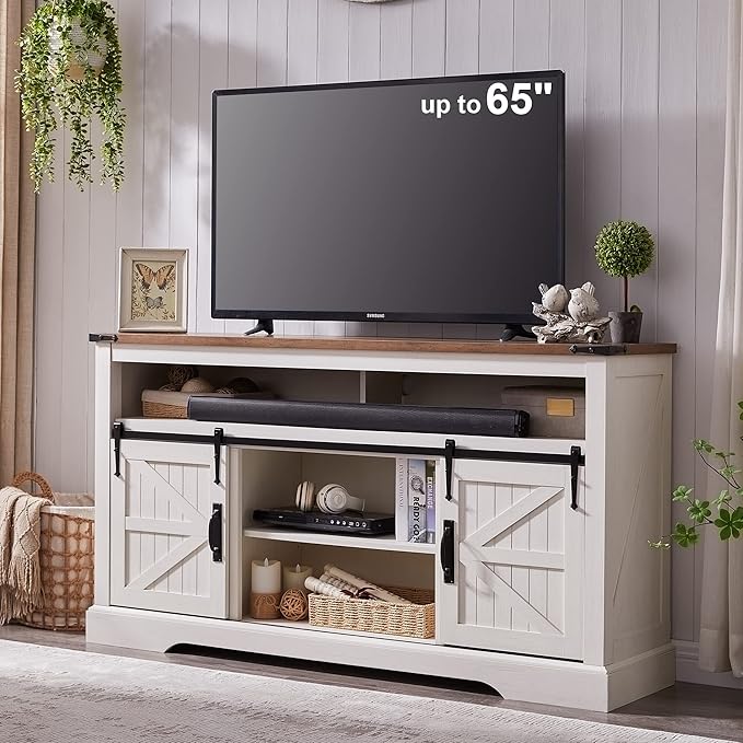 OKD Farmhouse Entertainment Center for 65+ Inch TV, 33" Tall Highboy TV Stand w/Sliding Barn Door, Rustic Wood Television Stand, Media Console w/Storage Shelves for Living Room, Antique White