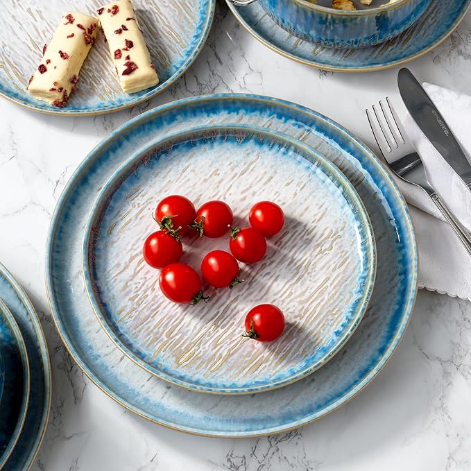 “Talia” 12-piece Stoneware Dinnerware Set with Reactive Glaze Finish, Service for 4, Blue Reactive Glaze