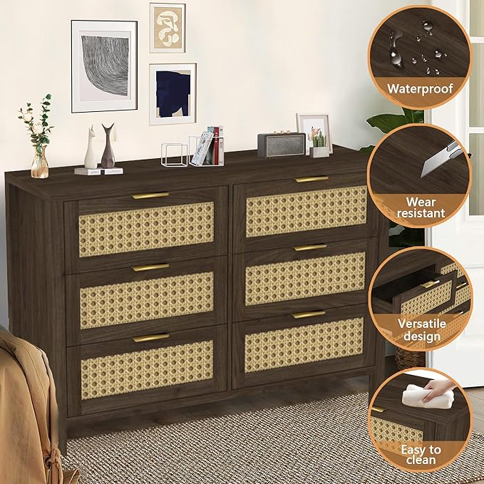 Boho 6 Drawer Dresser & 2 Nightstand Set for Bedroom, Wood Dresser with Gold Handle for Bed Room, Hallway, Brown Oak