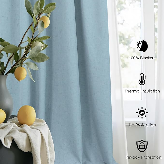 100% Blackout Curtains 90 Inches Long for Living Room 2 Panels Set Light Blocking Heat Darkening Energy Saving Curtain Window Coverings Coastal Beach Linen Farmhouse Drapes Bedroom Stone Blue Chambray