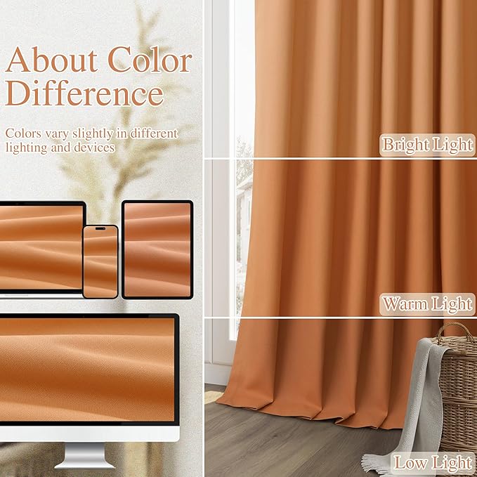 Guken Orange Blackout Curtains 108 Inch Length 2 Panels Set for Living Room Bedroom Back Tab Thermal Insulated 100% Black Out Linen Drapes Room Darkening Window Curtains 108 Inches Long