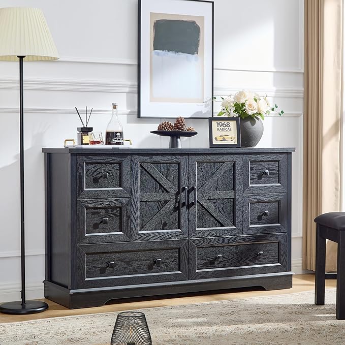 SOOWERY Dresser for Bedroom, Farmhouse Dresser with 6 Wooden Drawers and Storage Cabinet, 55 Inches Tall Chest of Drawers for Bedroom, Living Room, Hallway, Black