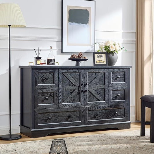 SOOWERY Dresser for Bedroom, Farmhouse Dresser with 6 Wooden Drawers and Storage Cabinet, 55 Inches Tall Chest of Drawers for Bedroom, Living Room, Hallway, Black