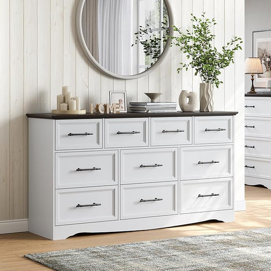 White Dresser for Bedroom, Farmhouse 10 Chest of Drawers, 59" Wide Chest of Drawers with Brushed Metal Handle, Wood Closet Organizers and Storage Cabinet for Bedroom, Living Room