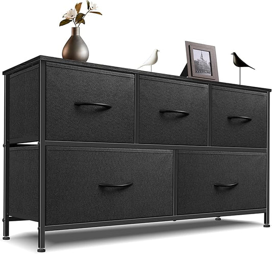 Dresser for Bedroom with 5 Drawers, Chest of Drawers, Storage Drawers Organizer Unit, Black Wide Fabric Dresser with Fabric Bins for Closet, Living Room, Bedroom (Charcoal Black)