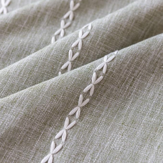 Boho Curtains Embroidery Striped Linen Curtains 96 Inches Long 2 Panels for Bedroom Sage Green Farmhouse Curtains Bohemian Light Filtering Window Curtains for Living Room( 52" W x 96" L,Sage Green)