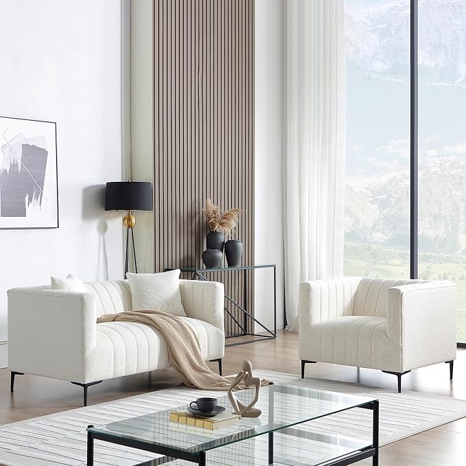 Get Set Style Modern Accent Loveseat Sofa Couch,Tufted Boucle Upholstered Sherpa Deep Seat Cloud Couch with 2 Pillows,Comfy 2 Seater Love Seat for Living Room Apartment Office Lounge Studio (White)