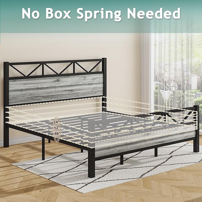 Twin Bed Frames with Tall Headboard, Industrial Twin Platform Bed Frame with Heavy Duty Metal Slats Support, No Box Spring Needed, Noise-Free, Easy Assembly, Wash Grey