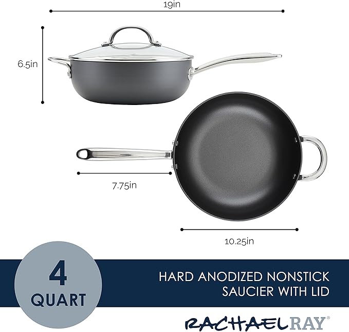 Rachael Ray Professional Hard Anodized Nonstick Sauce Pan/Saucepan/Saucier with Helper Handle and Lid, 4 Quart - Gray