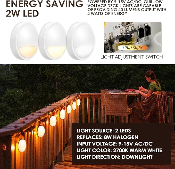 LED Low Voltage Deck Lights Outdoor Waterproof,6-Pack 3CCT Deck Lighting Fixtures Landscape Step,3W, 12V-24V AC/DC Die-cast Aluminum Housing Fence Lamp Wired 2700K/3500K/5000K (White)