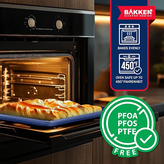 BAKKEN Kitchen Baking Pans - Nonstick Blue Coating, 13.58’’ × 9.65’’ Commercial Grade Carbon Steel Cookie Sheet, Diamond Texture Bottom, PFOA, PFOS, PTFE Free, Oven Safe Tray (450°F), Blue
