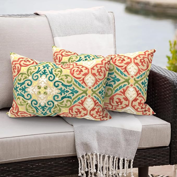Outdoor/Indoor Lumbar Pillows, Water Repellent Cushion Pillows, 12x20 Inch, Outdoor Pillows with Inserts for Home Garden, Pack of 2, Geometric Orange