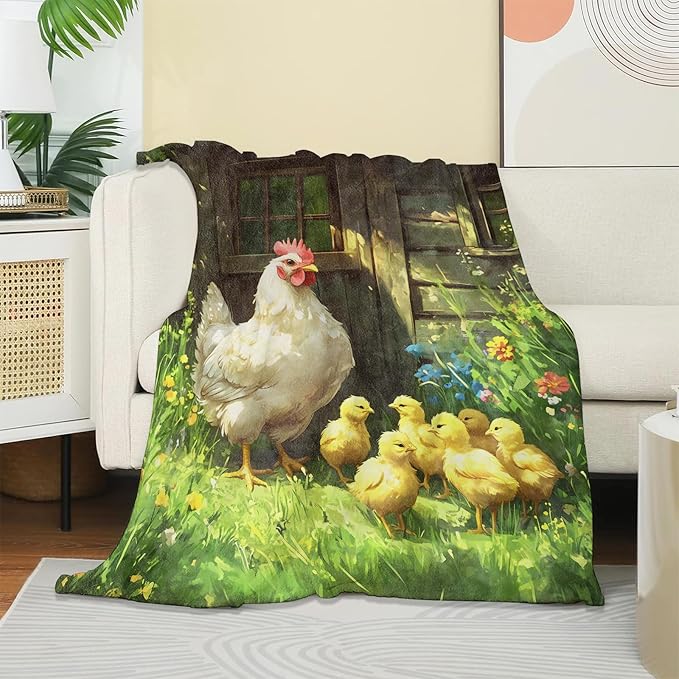 Rooster & Chick Blanket, Soft Cozy Warm Throw Blanket Gifts for Adults Kids Women, Lightweight Comfy Fuzzy Flannel Blankets for Couch, Travel, Car, Home Decor 80×60 Inch