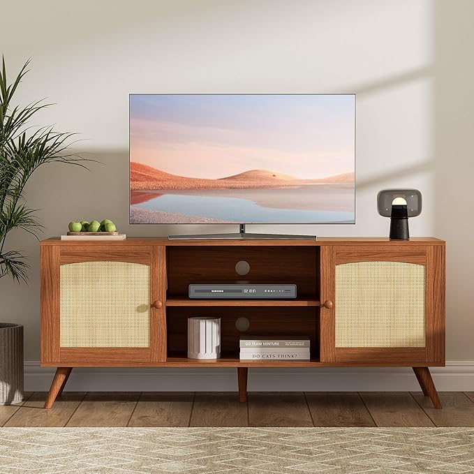 Brown Rattan TV Stand for 60 Inch TV, Wooden Mid Century Modern Entertainment Center with Natural Rattan Door, Boho Media TV Console for Living Room