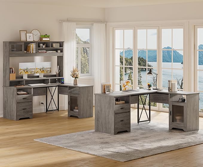 Bestier Farmhouse 63" L Shaped Desk with Hutch, Wood Computer Desk with Drawers, Charging Station, LED Light, Fluted Sliding Door Cabinet, Monitor Stand, Executive Desk for Home Office, Grey