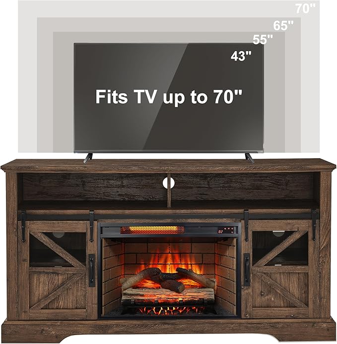 Fireplace TV Stand with Auto-Power-Off Door Sensor, Farmhouse 70" TV Console, Media Entertainment Center with Sliding Barn Door, Adjustable Shelves, Fireplace Heater, Reclaimed Barnwood