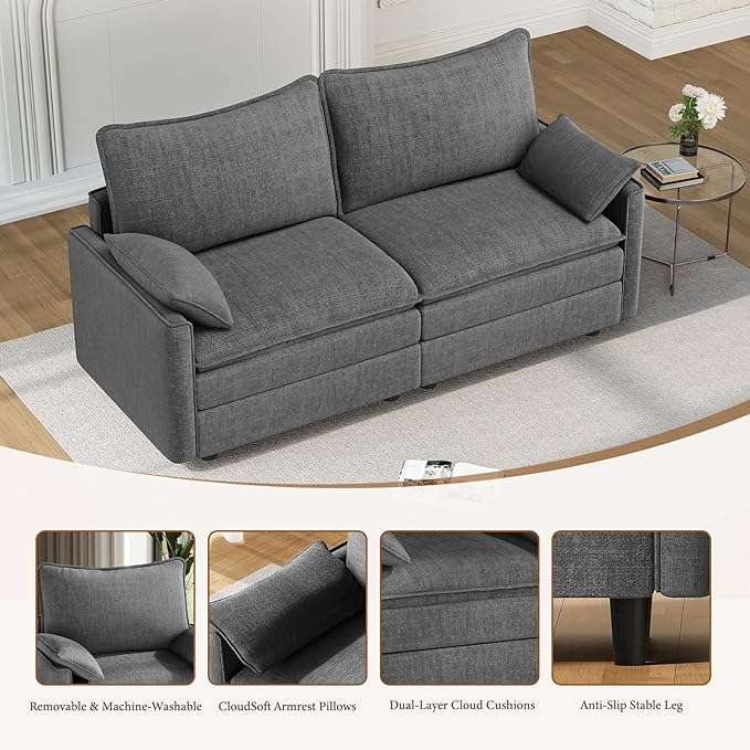 Vesgantti 74" Loveseat Sofa for Living Room, Comfy Cloud Couch Deep Seat Chenille Modern 2 Seater Small Sofa with Armrest Pillow, Easy Assembly for Small Spaces, Gray