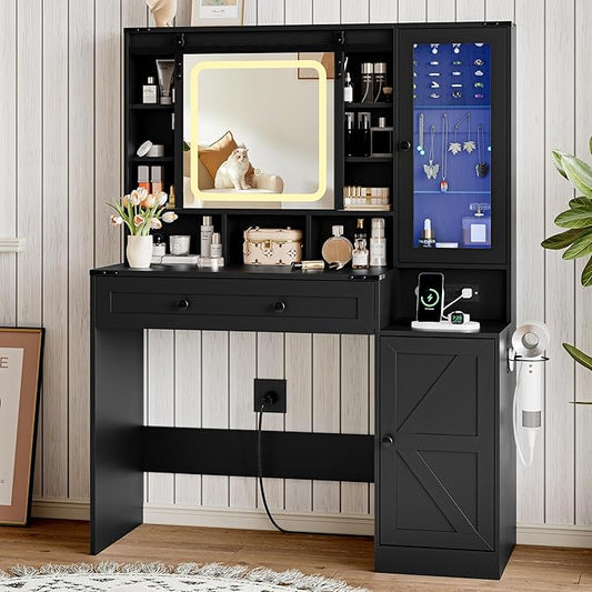 Black Vanity Desk with Mirror and Lights, Farmhouse Makeup Vanity Desk with Lighted Mirror & Power Outlet, RGB Glass Cabinet, Makeup Dressing Table with 3 Lighting Modes for Bedroom