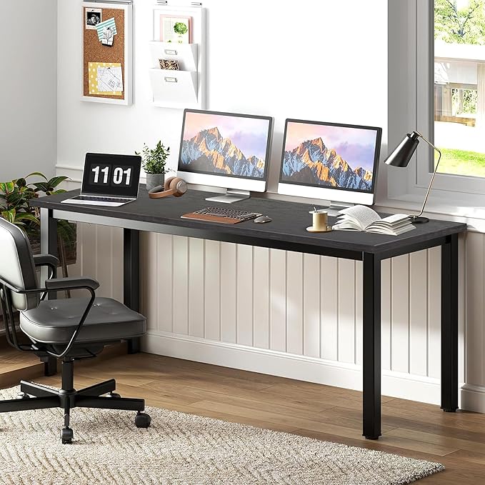 55 inch Large Computer Desk Wood, Modern Simple Style Desk for Home Office, Bedroom, Study Student Writing Desk, Small Spaces, Black Metal Frame, Dark Walnut Top