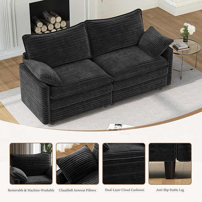 Vesgantti 74" Loveseat Sofa for Living Room, Comfy Cloud Couch Deep Seat Corduroy Modern 2 Seater Small Sofa with Armrest Pillow, Easy Assembly for Small Spaces, Black