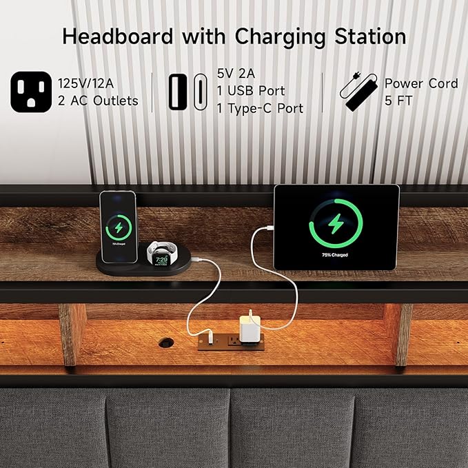 Ergonomic Headboard for Queen Size Bed with 2-Tier Storage, Upholstered Headboards with Outlets, USB Ports, LED Light, Queen Head Board Only, Height Adjustable, Sturdy and Stable, Black & Brown