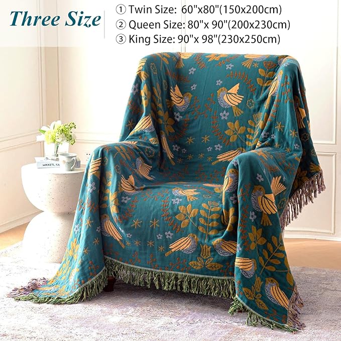 Boho Throw Blanket for Bed-100% Cotton Soft Breathable Farmhouse Decor Boho Quilt for Sofa Bed (Green Floral Bird, 60"x80")