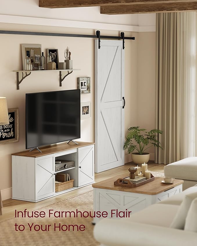 VASAGLE Farmhouse TV Stand for TVs up to 65 Inches, Entertainment Center with Storage Cabinets and Sliding Barn Doors, Media Console Table for Living Room, Rustic White and Honey Brown ULTV535W01
