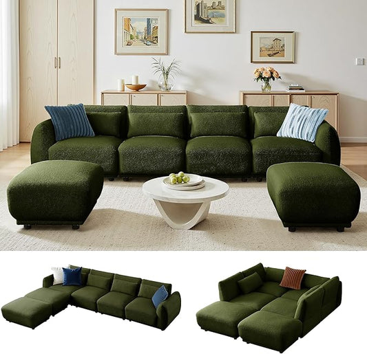 Sectional Sofa Couch, Modern Convertible U Shaped Sectional Couch with Ottoman, Modular Sectional Sofa Cloud Couches for Living Room (Green, 4 Set + 2 Ottoman)
