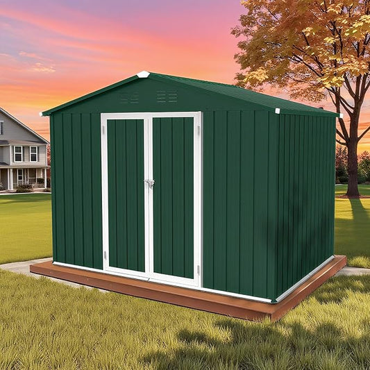 8 x 6 FT Outdoor Storage Metal Shed, Bike Garden Tool Shed with Slooping Roof, Lockable Doors and Aluminum Frames, Shed Easy to Assemble for Garden, Patio, Lawn, Green