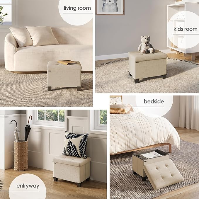 STORAGEBUD Storage Ottoman Cube with Small Bin, 16-in Square Ottoman with Storage for Living Room and Bedroom, Small Ottomans Foot Rest, Velvet Foot Stools Ottomans Max 330lbs, Beige