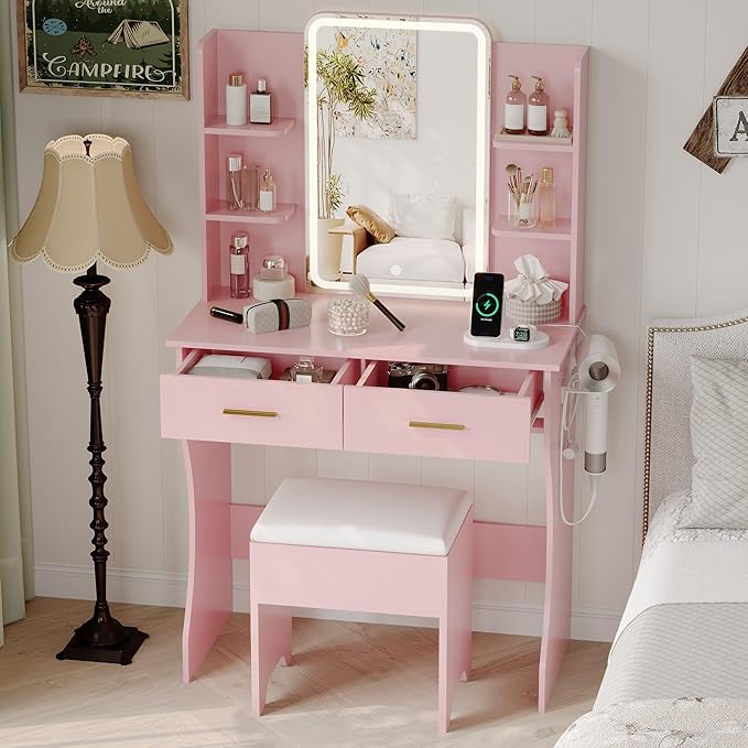 Small Vanity Desk with Mirror and Lights, Makeup Vanity with LED Lights, Pink Vanity Mirror with Lighted Desk and Chair, 3 Lighting Adjustable Compact Dressing Table with Mirror for Women, Girls