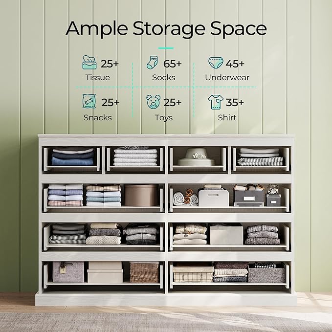 LINSY HOME 10 Drawer Dresser for Bedroom, 53" Wide Chest of Deep Drawers, Modern Farmhouse TV Stand Dressers with Storage, Large Drawer Organizer for Bedroom, Living Room, Handless Design, White