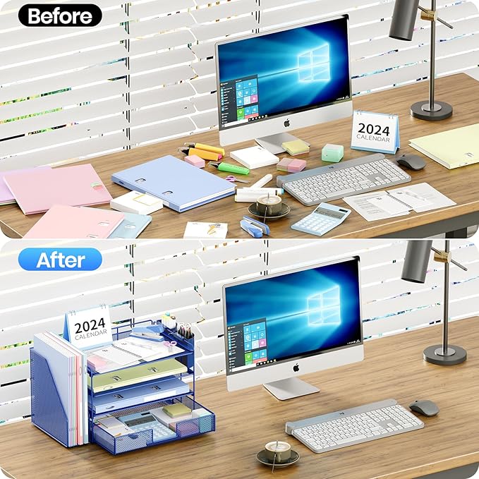 Desk Organizer and Accessories, 4-Tier Desktop File Organizer with Drawer and 2 Pen Holders, Office Desk Accessories for Office Supplies(Dark Blue)