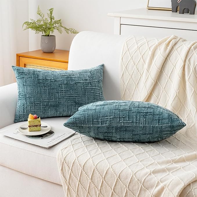 Decorative Throw Pillow Covers 12x20 Inch Set of 2, Soft Solid Farmhouse Chenille Couch Pillows, Spring Pillow Covers for Couch Sofa Bed Living Room Home Decor Pillowcase, Teal