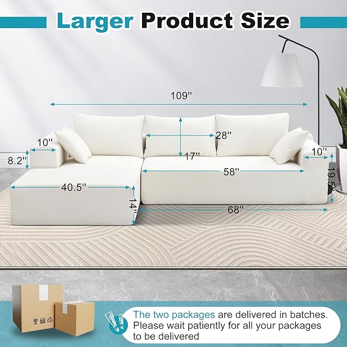 Sectional Couches for Living Room 109" L Shaped Cloud Couch Modern Modular Sectional Sofa Bad, Boneless Couch with Deep Seat, No Assembly Required (Chenille, Green)