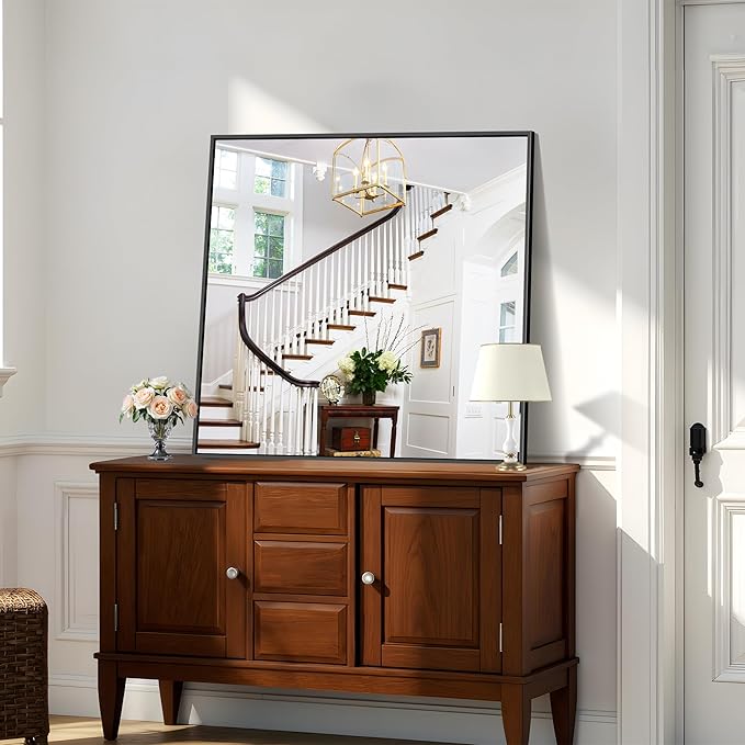 KOCUUY 36x36 Inch Large Black Wall Mounted Mirror,Aluminum Framed Decorative Rectangular Bathroom Mirror for Wall Over Sink,Vanity Mirror for Bedroom Living Room Bathroom,Functional Oversized Mirror