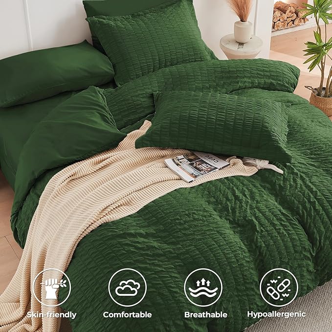 HYMOKEGE Dark Green Twin XLComforter Set Seersucker 5 Pieces, All Season Luxury Bed in a Bag for Bedroom, Bedding Set with Comforter, Sheets, Pillowcase & Sham